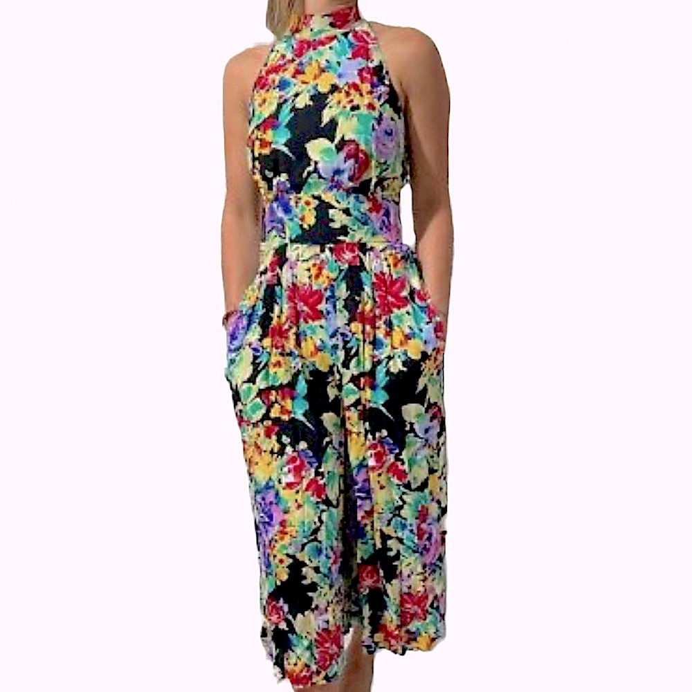 RARE Vintage Romper, Flowy & Flowery, Cut-Out Back, Pockets, Midi length, S/M